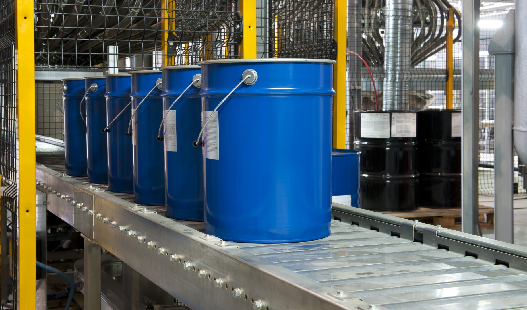 Paint,Bucket,On,Conveyor.,Fragment,Paint,Factory