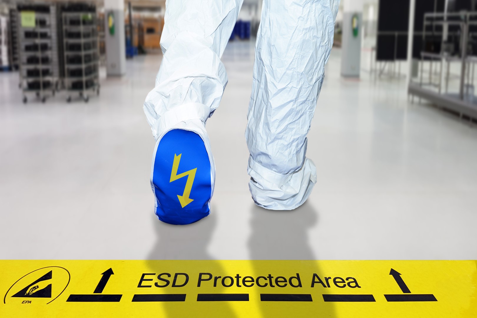 Man,Walking,On,A,Electrostatic,Control,Floor,And,Cleanliness,Control